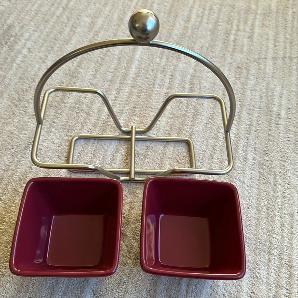 PAMPERED CHEF Simple Additions Silver Caddy w/ 2 Square Cranberry Bowls
